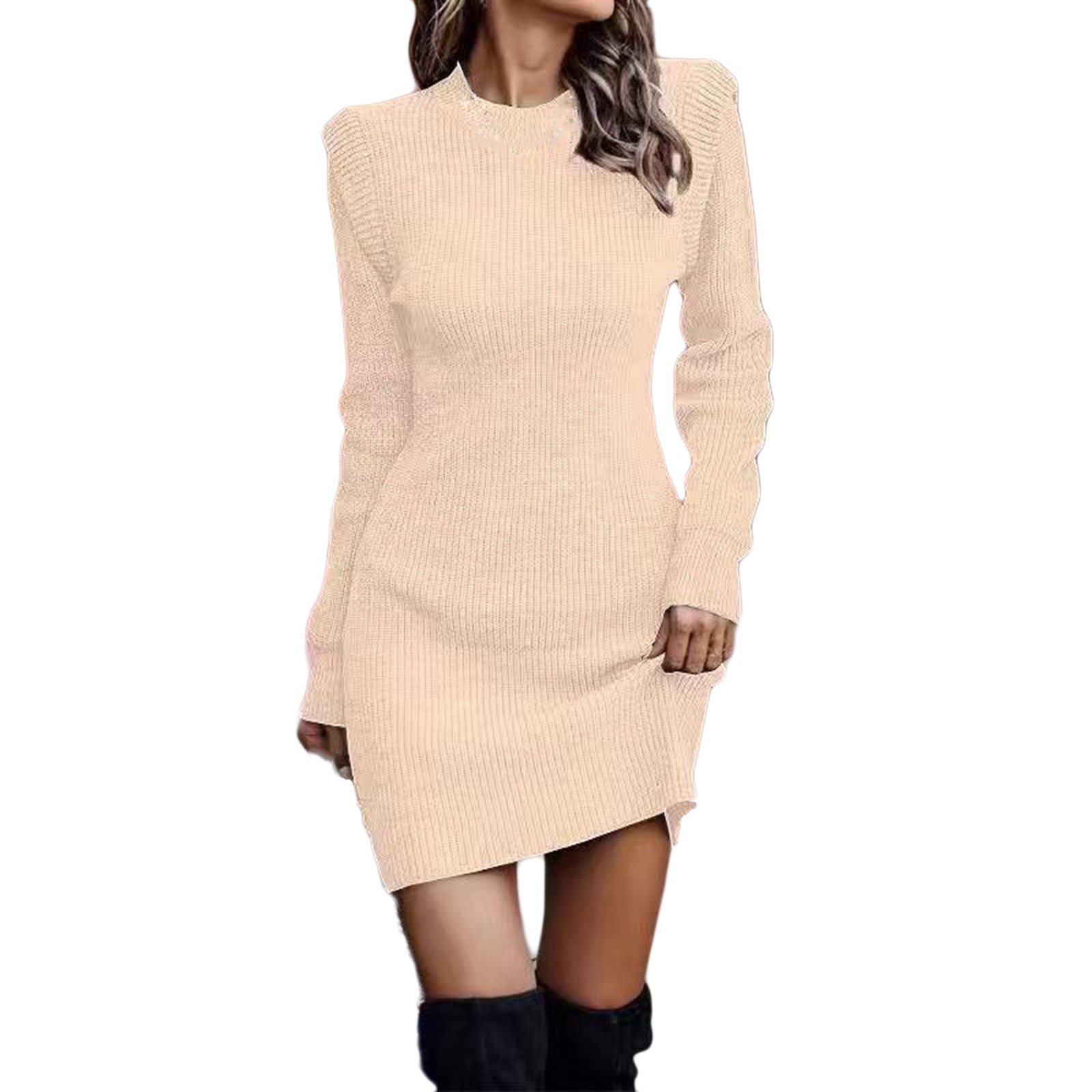 thumbnail image 1 of Vestido de punto de cuello alto y manga larga para mujer - Vestido de punto liso, poliéster/spandex - Informal/fiesta, todas las estaciones - Tallas de la S a la XXXXXL, 1 of 5